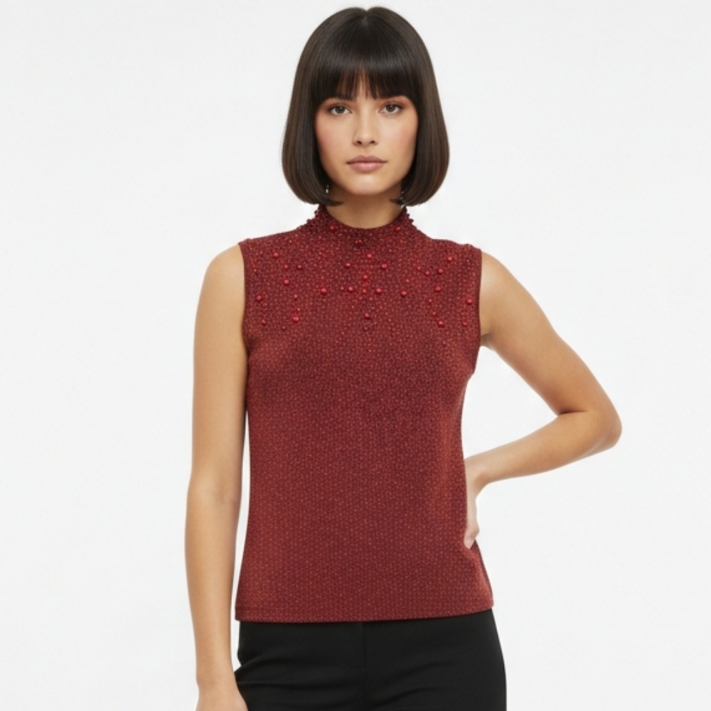 Investments Tank Knit Red Metallic Mock Neck Beaded Bling Layering XL